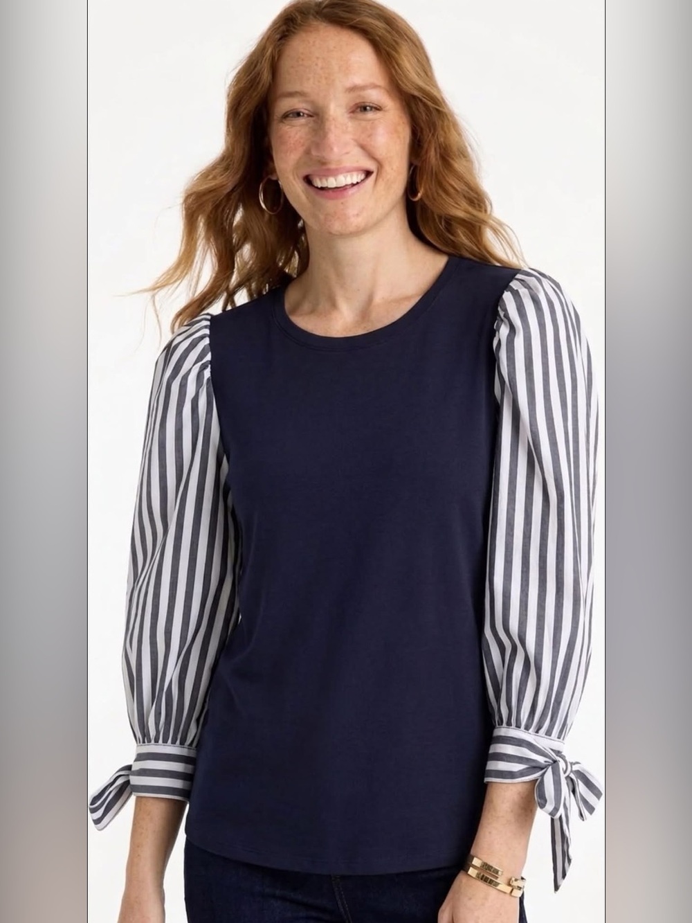 Chico's size 1/ M Navy Knit Top with Navy and White Striped Tie Sleeves